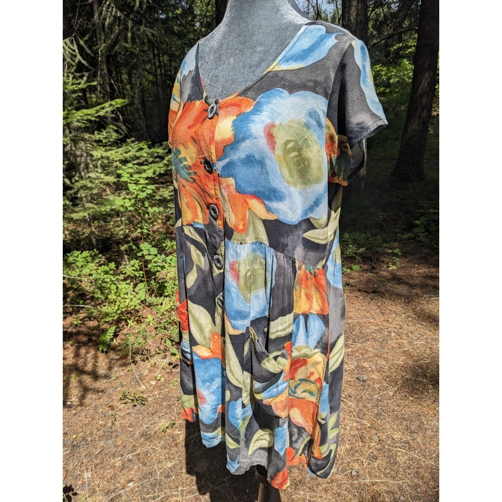 Vintage 90s Watercolor Floral Rayon Mini Dress M Button Front Babydoll Pockets - Picture 5 of 16